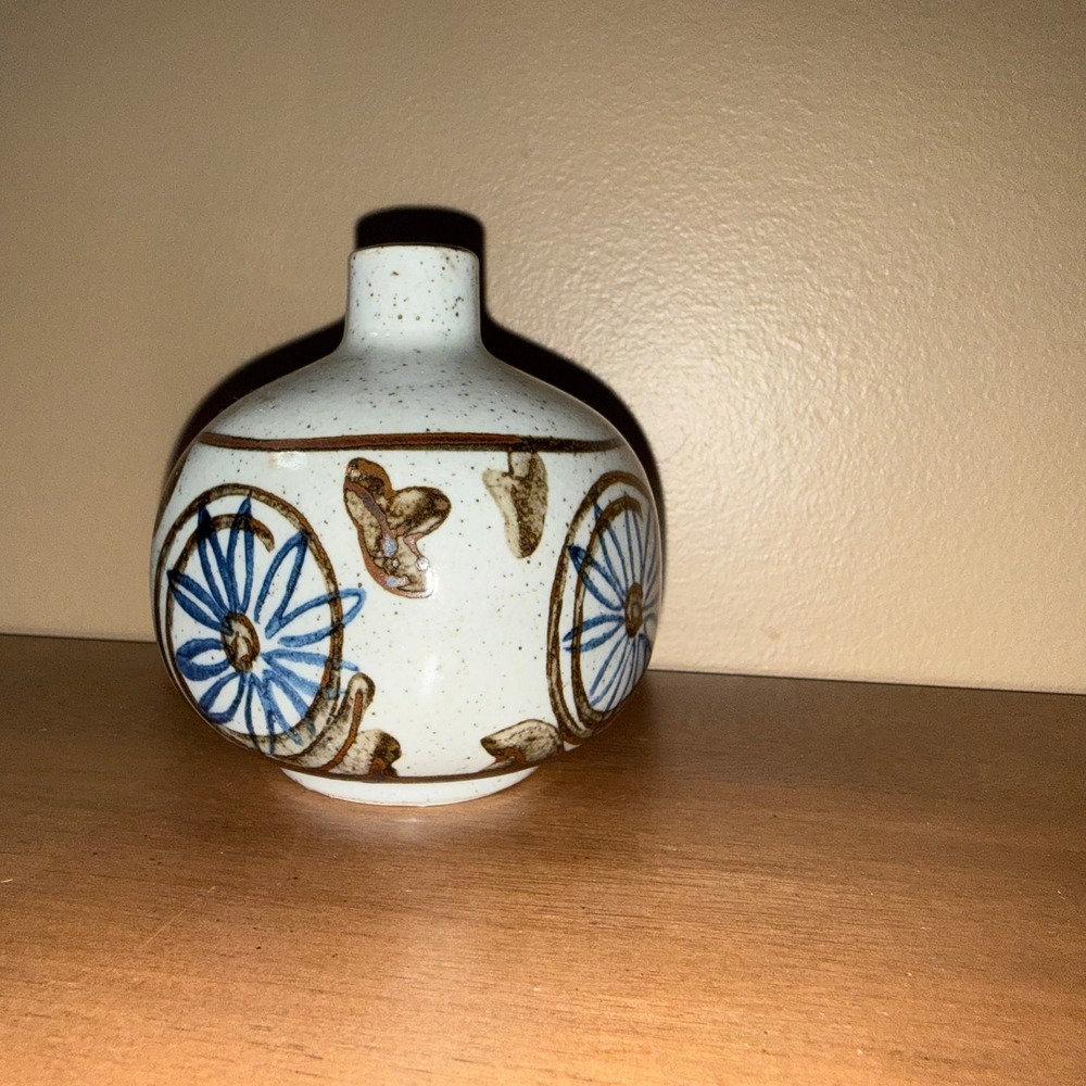 Vintage Japanese Studio Pottery Bud Vase Hand Painted Floral Butterfly Stoneware